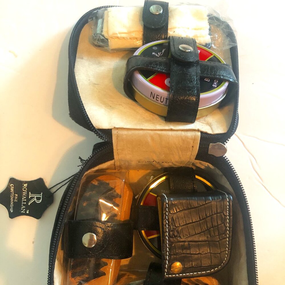 Rowallan Shoe Polish Kit Genuine Leather Case Neutral Black Polish Brush